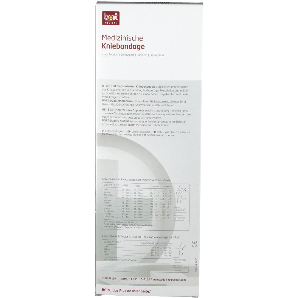 Verpackung der medizinischen Kniebandage. Marke BORT. Text: Medizinische Kniebandage. Größenangaben und Produktinformationen.