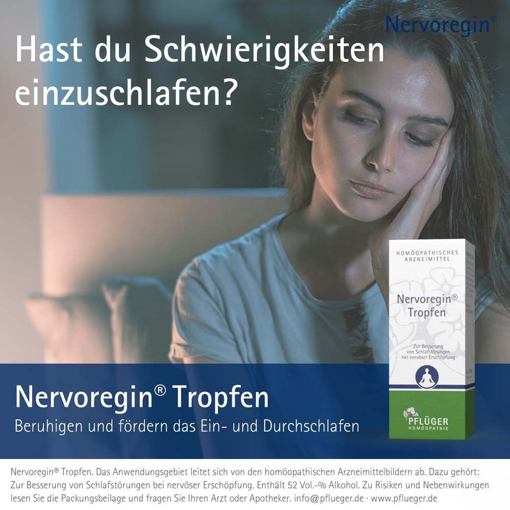 Frau mit Hand am Kopf. Aufschrift: Nervoregin Tropfen. Beruhigen und fördern das Ein- und Durchschlafen. Pflüger.