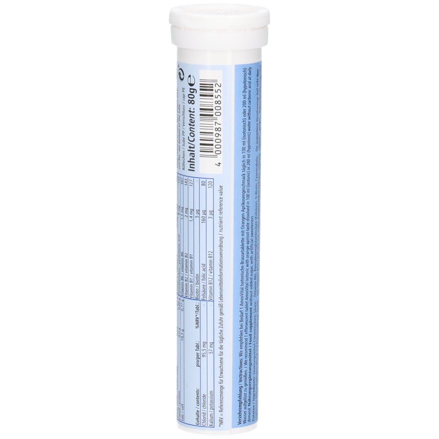 Rückseite der Tube mit Nährwertangaben und Inhaltsangaben. Blaue und weiße Schrift auf weißem Hintergrund. Text in deutscher Sprache.