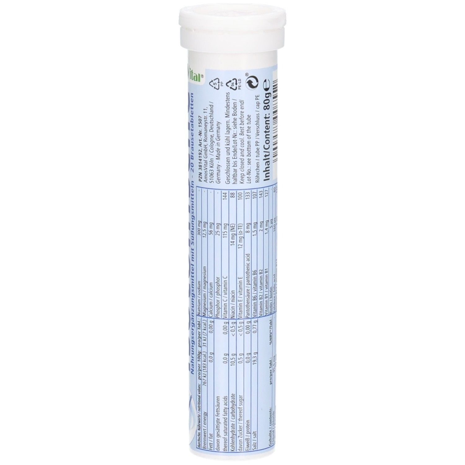 Rückseite der Tube mit Nährwertangaben und Inhaltsangaben. Blaue und weiße Schrift auf weißem Hintergrund. Text in deutscher Sprache.