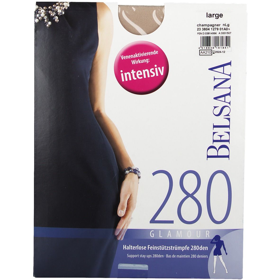BELSANA 280den Glamour Schenkelstrumpf, champagner, Größe large, auf Verpackung. Venenaktivierende Wirkung. Produktabbildung.