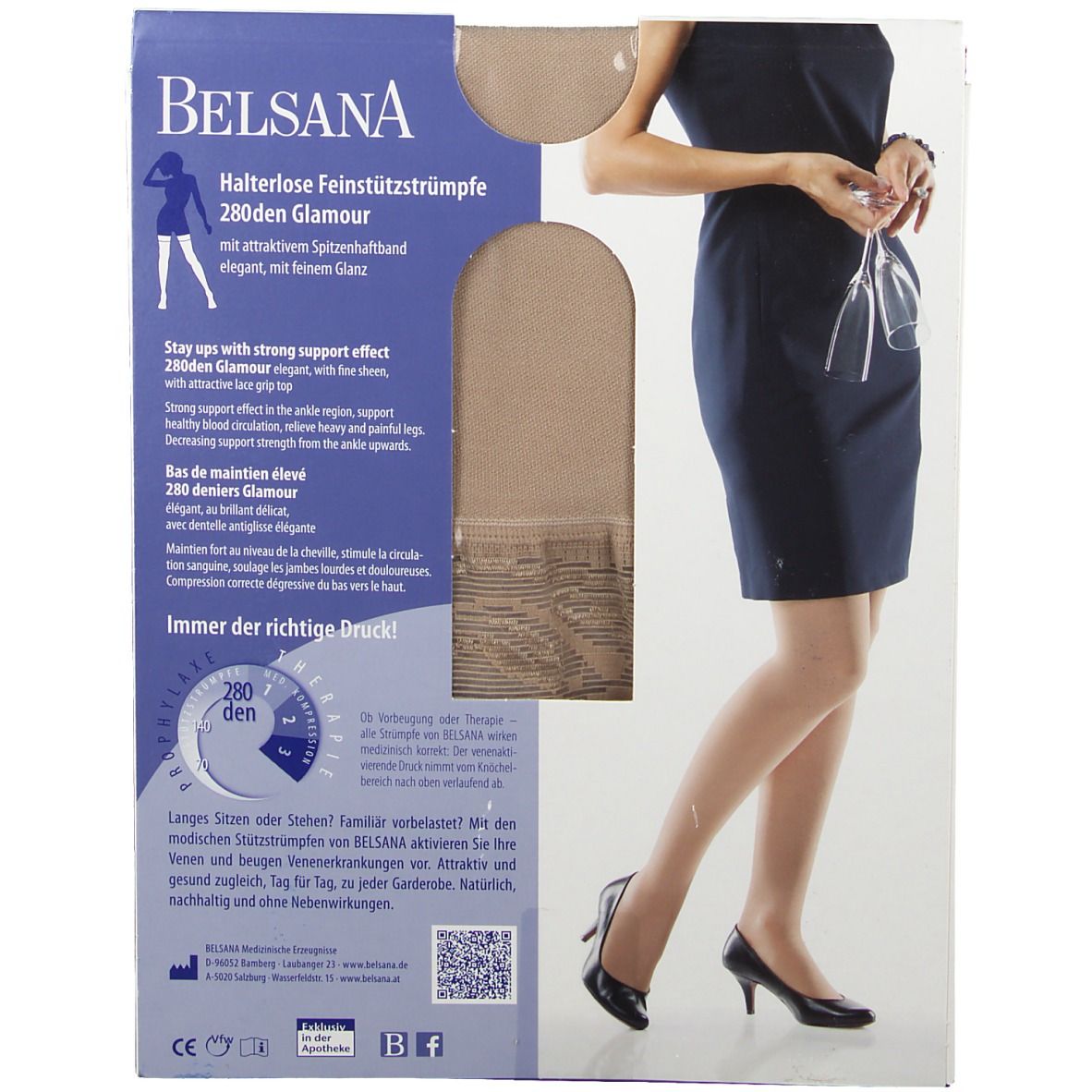 BELSANA 280den Glamour Schenkelstrumpf, champagner, Größe large, auf Verpackung. Produktabbildung. Mit attraktivem Spitzenband.