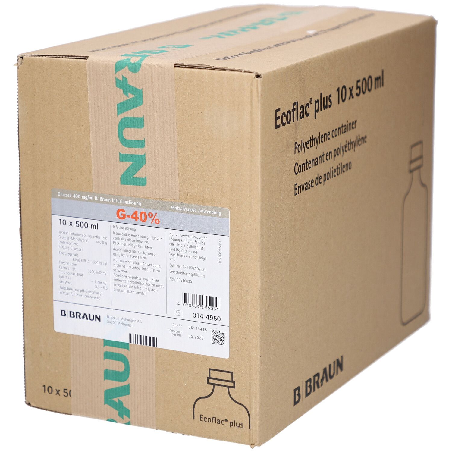 Karton mit Aufdrucken. Etikett mit Produktinformationen: G-40%, 10 x 500 ml. B. Braun Logo. Ecoflac plus.
