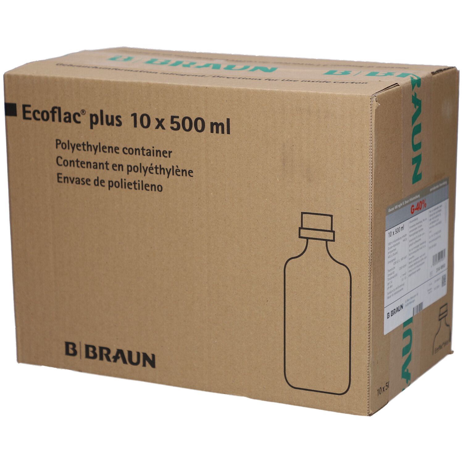 Karton mit Aufdrucken. Aufschrift: Ecoflac plus 10 x 500 ml. B. Braun Logo. Polyethylen-Container. Abbildung einer Flasche.
