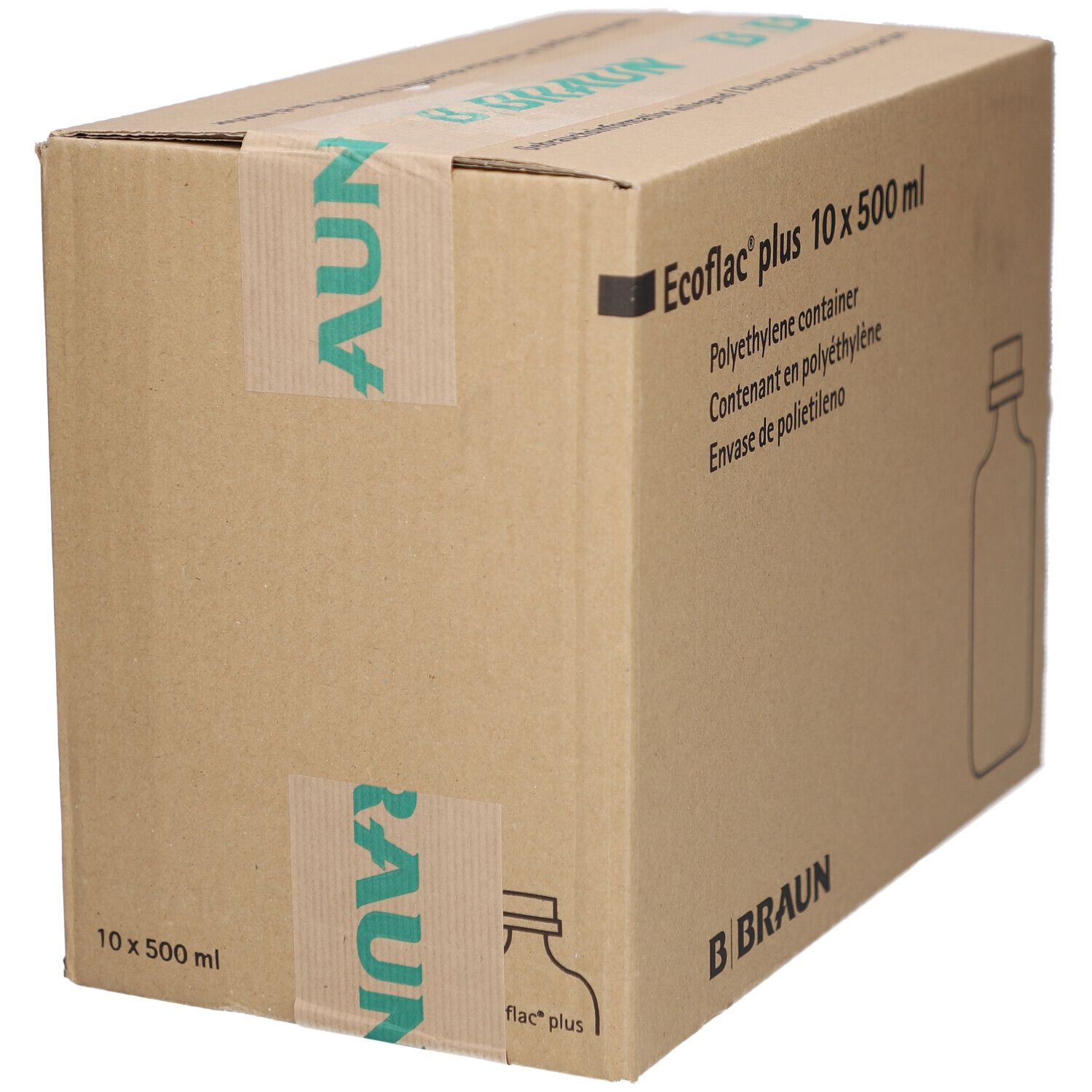 Karton mit Aufdrucken. Aufschrift: Ecoflac plus 10 x 500 ml. B. Braun Logo. Polyethylen-Container. Abbildung einer Flasche.