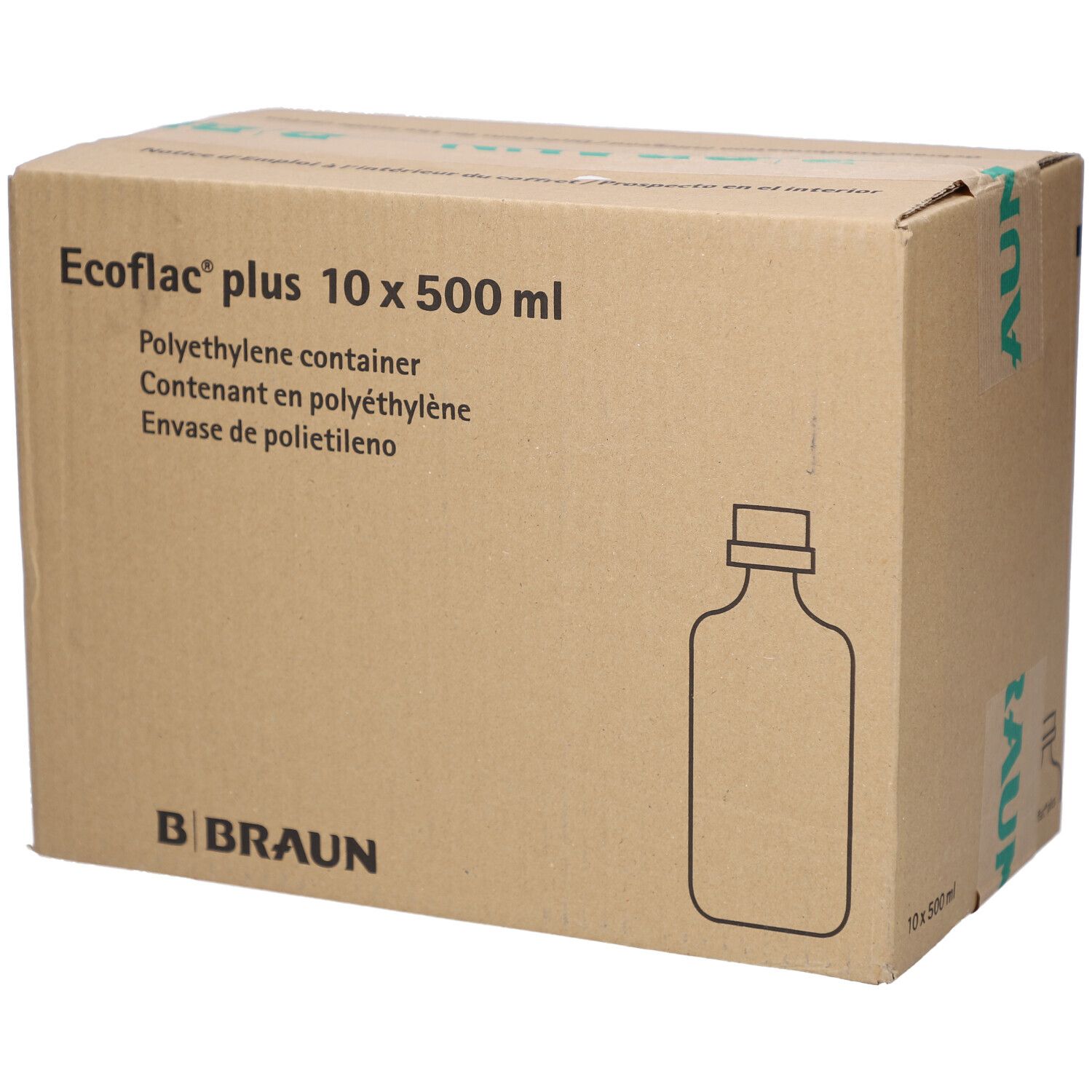 Karton mit Aufdrucken. Aufschrift: Ecoflac plus 10 x 500 ml. B. Braun Logo. Polyethylen-Container. Abbildung einer Flasche.