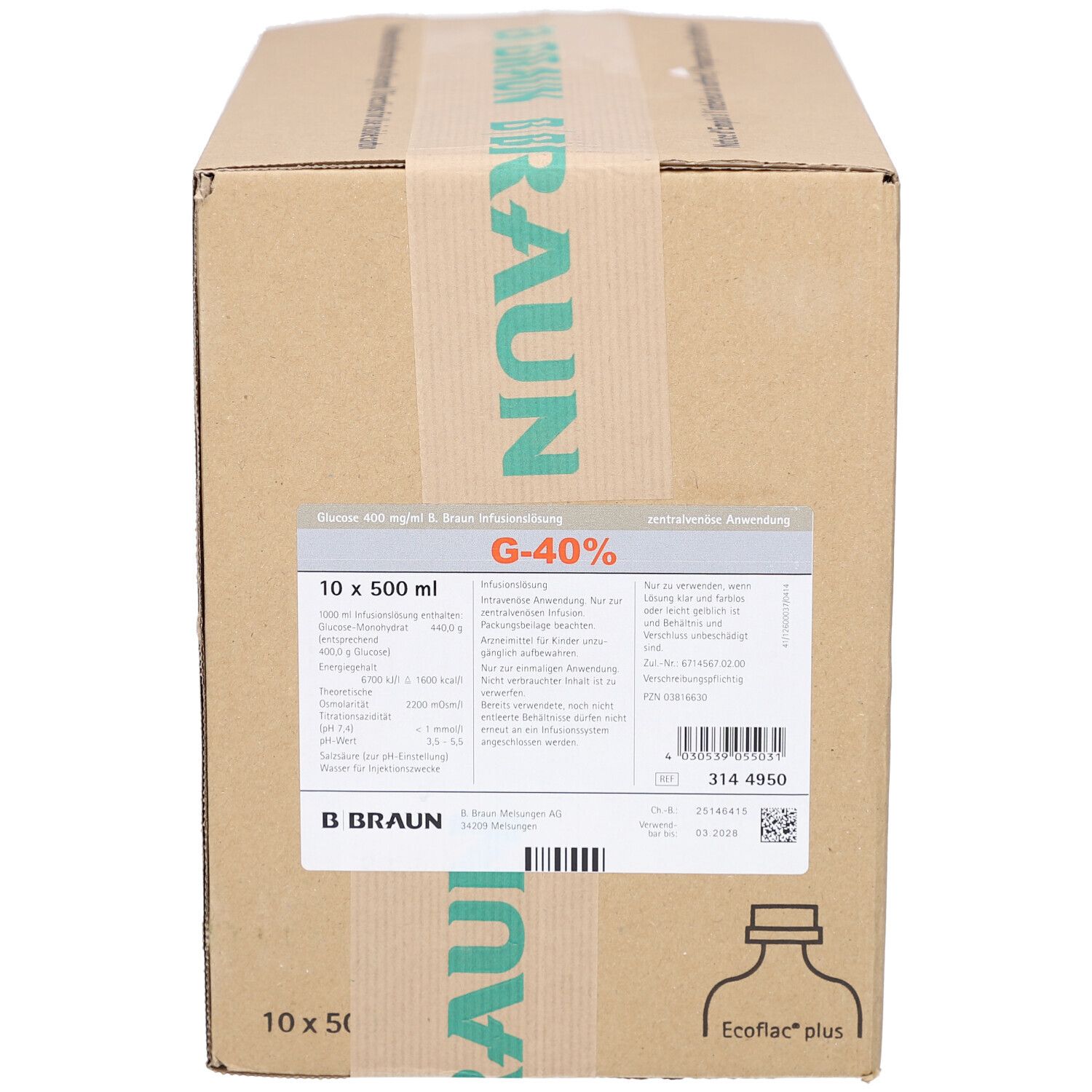 Karton mit Aufdrucken. Etikett mit Produktinformationen: G-40%, 10 x 500 ml. B. Braun Logo. Ecoflac plus.