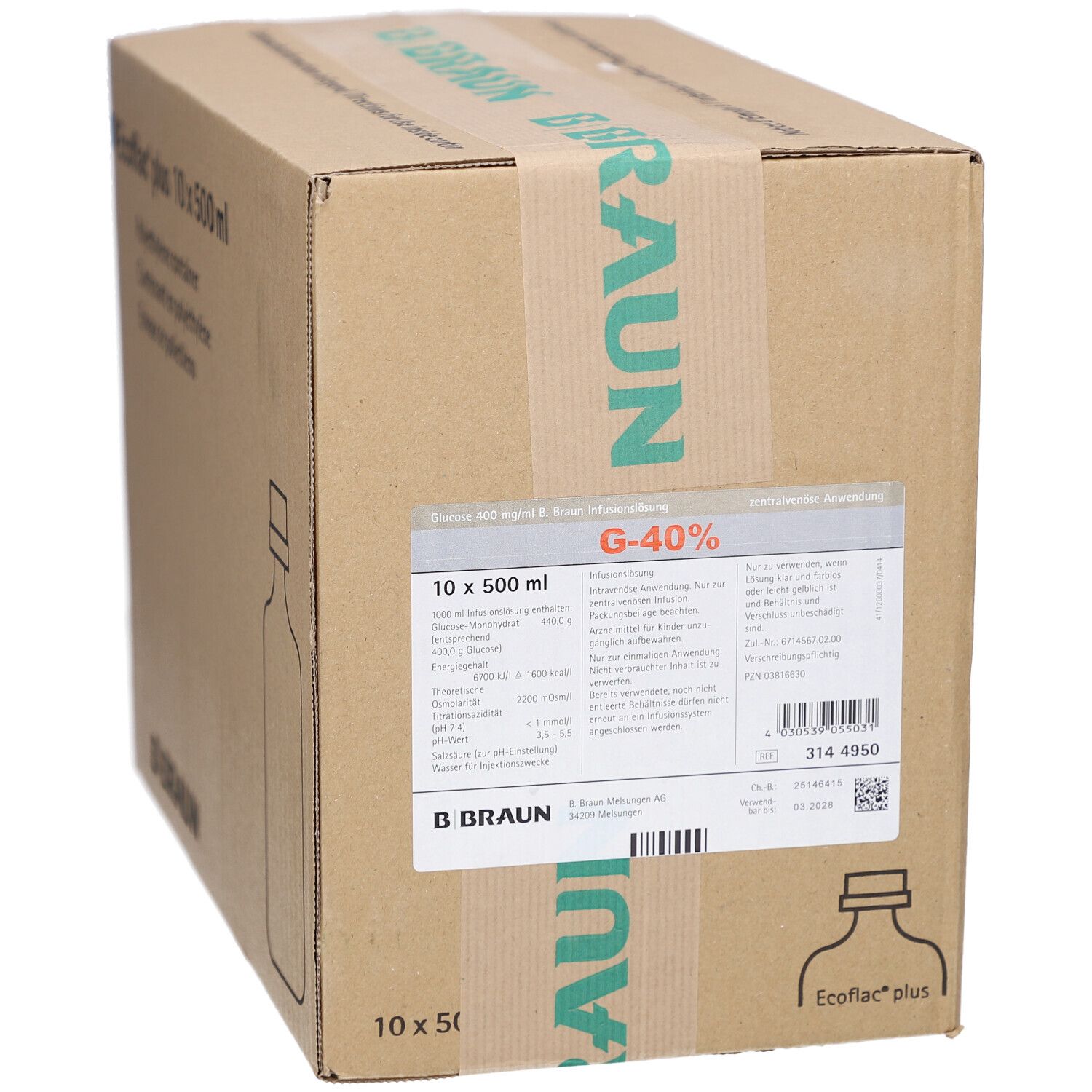 Karton mit Aufdrucken. Etikett mit Produktinformationen: G-40%, 10 x 500 ml. B. Braun Logo. Ecoflac plus.