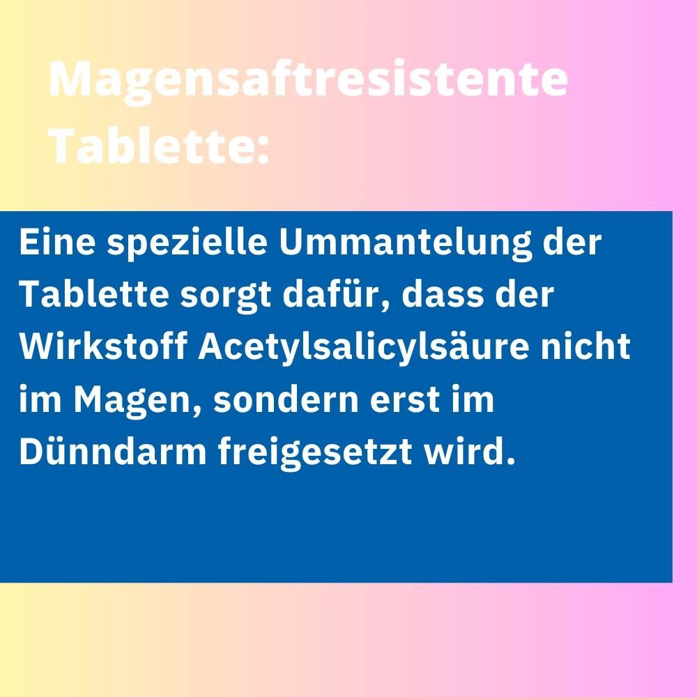 Text auf blauem Hintergrund: Magensaftresistente Tablette. Beschreibung der speziellen Ummantelung.