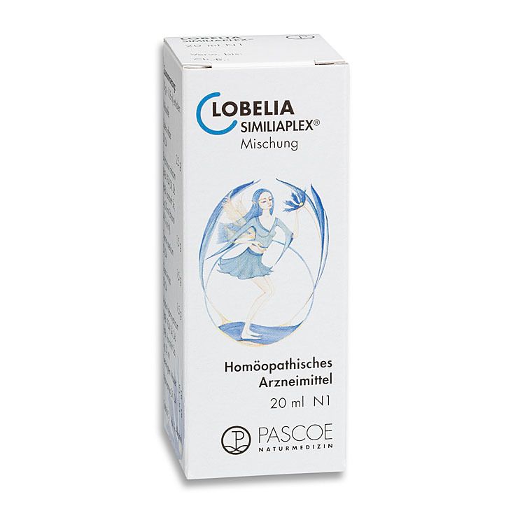 Weiße Schachtel mit Produktnamen LOBELIA SIMILIAPLEX®. Abbildung einer Frau. Text: Homöopathisches Arzneimittel, 20 ml N1, PASCOE.