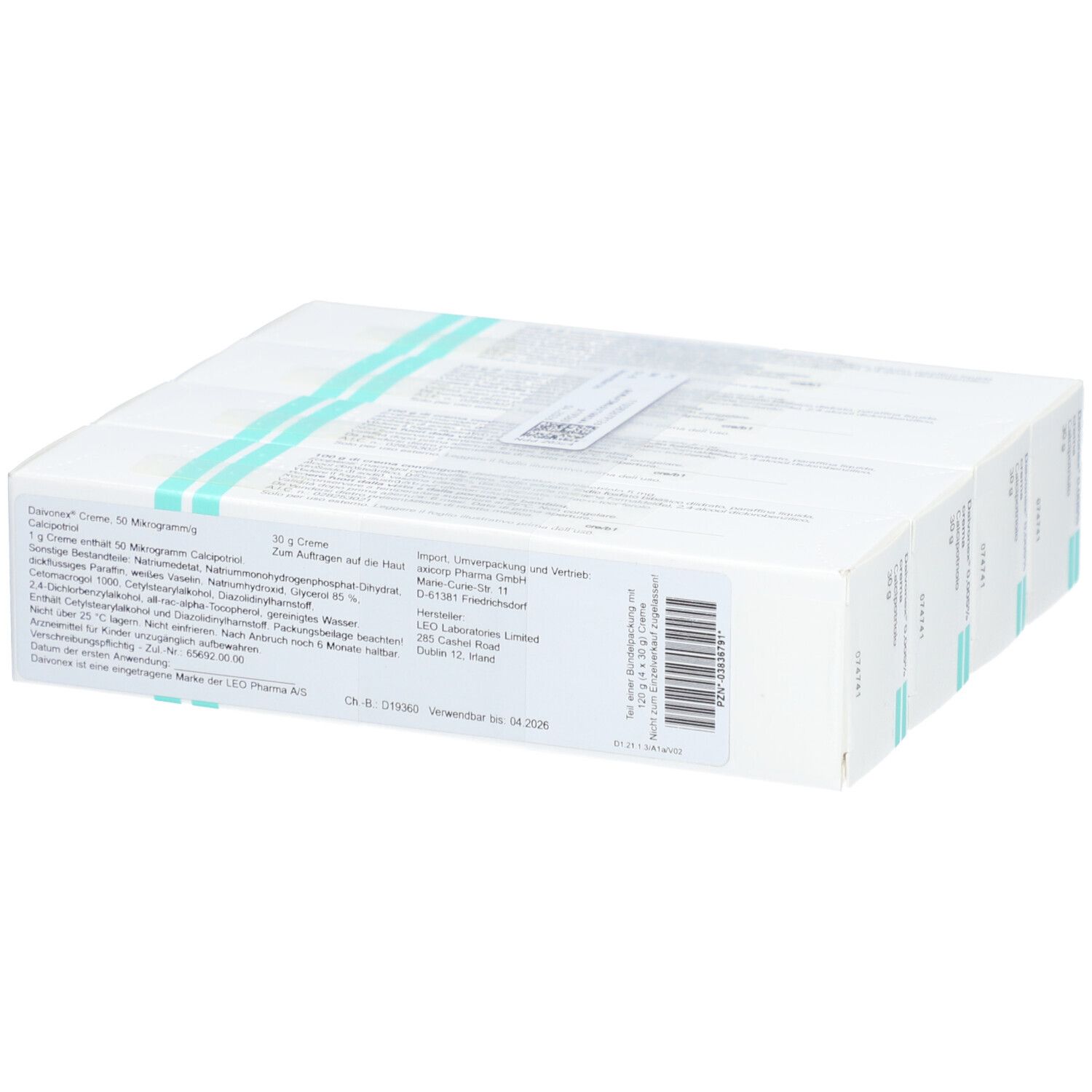 Rückseite einer Daivonex 0,005% Creme-Verpackung. Weißer Karton mit Text und Barcode.
