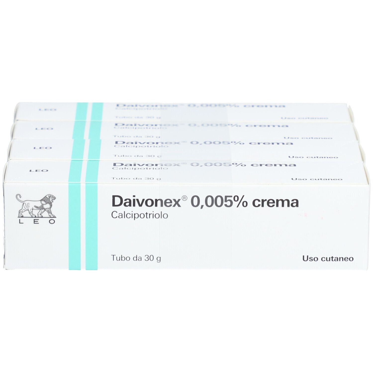 Daivonex 0,005% Creme-Verpackung. Weißer Karton mit blauen Streifen. Text: Calcipotriol, Tubo da 30 g.