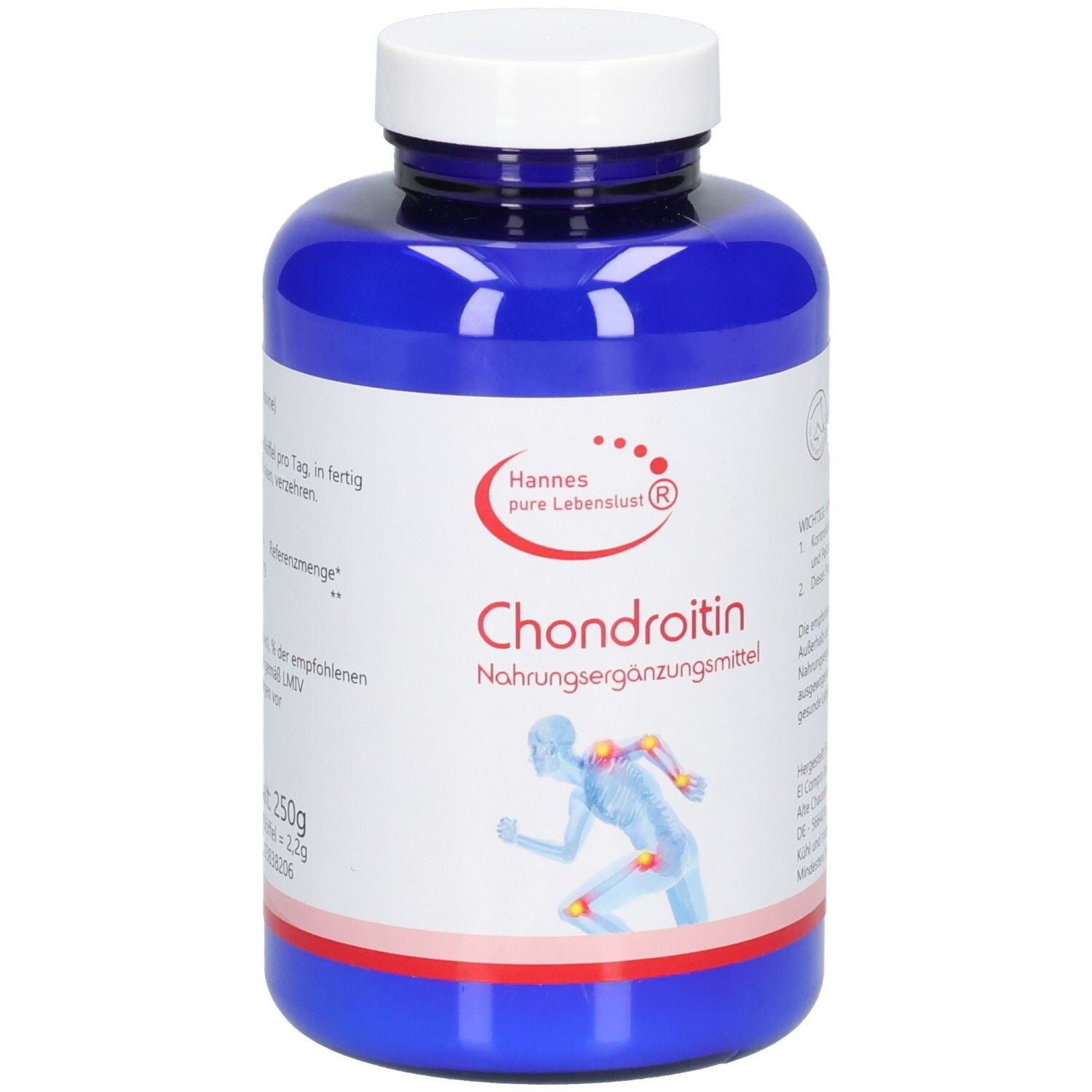 Blaue Flasche mit weißem Deckel. Aufschrift: Hannes pure Lebenslust® Chondroitin Nahrungsergänzungsmittel. Abbildung eines Läufers.