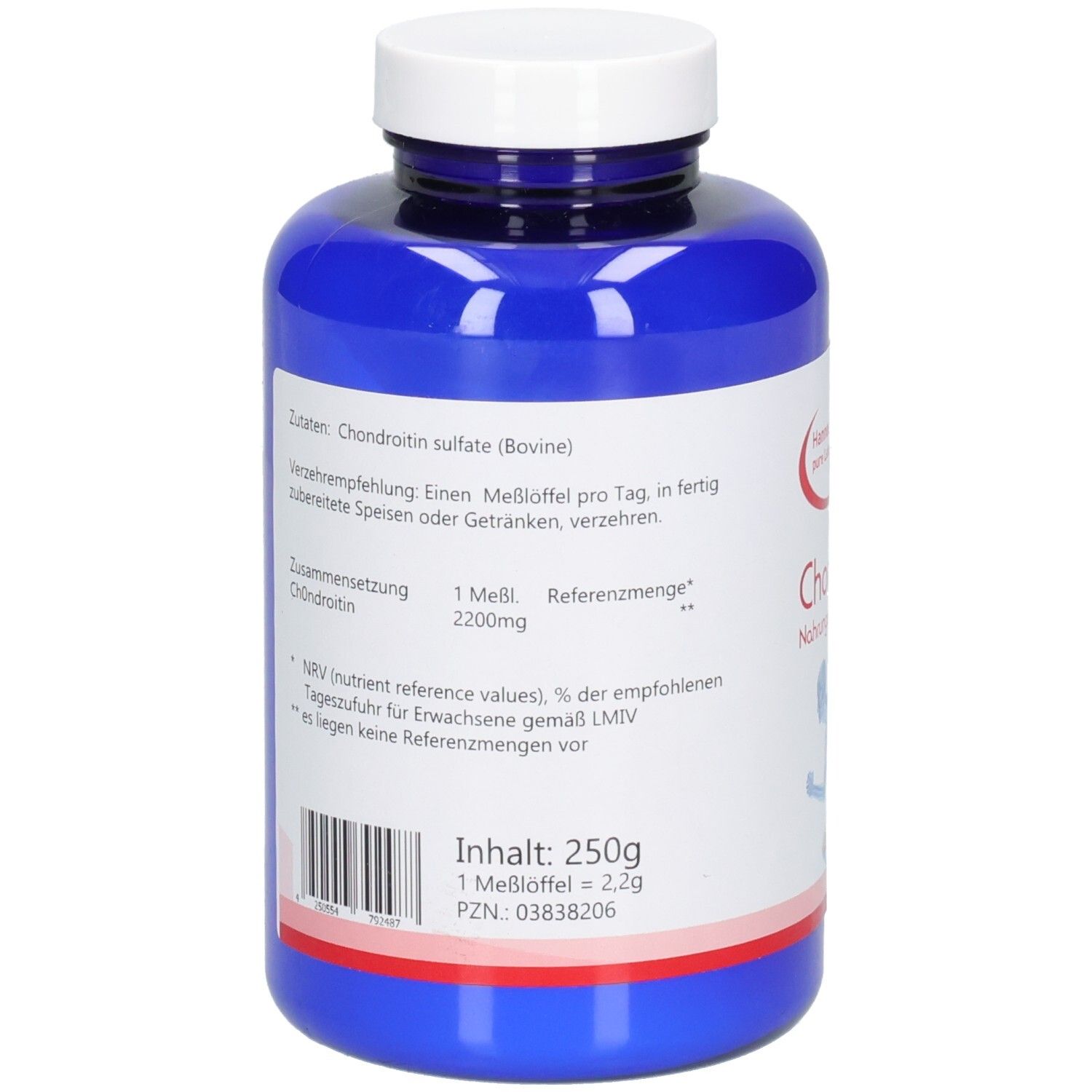 Rückseite der blauen Flasche. Zutatenliste: Chondroitinsulfat (Rind). Enthält 250g. Barcode und weitere Informationen.