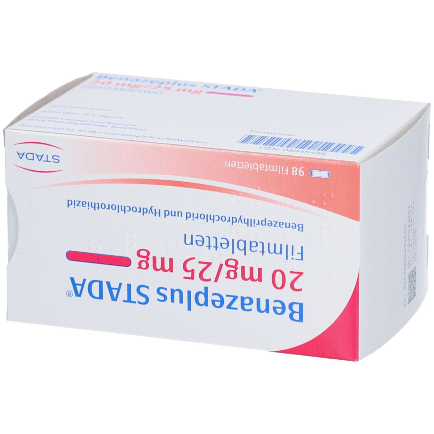 Schachtel BENAZEPLUS STADA® 20 mg/25 mg Filmtabletten. Perspektivische Ansicht mit Produktnamen und Dosierung.