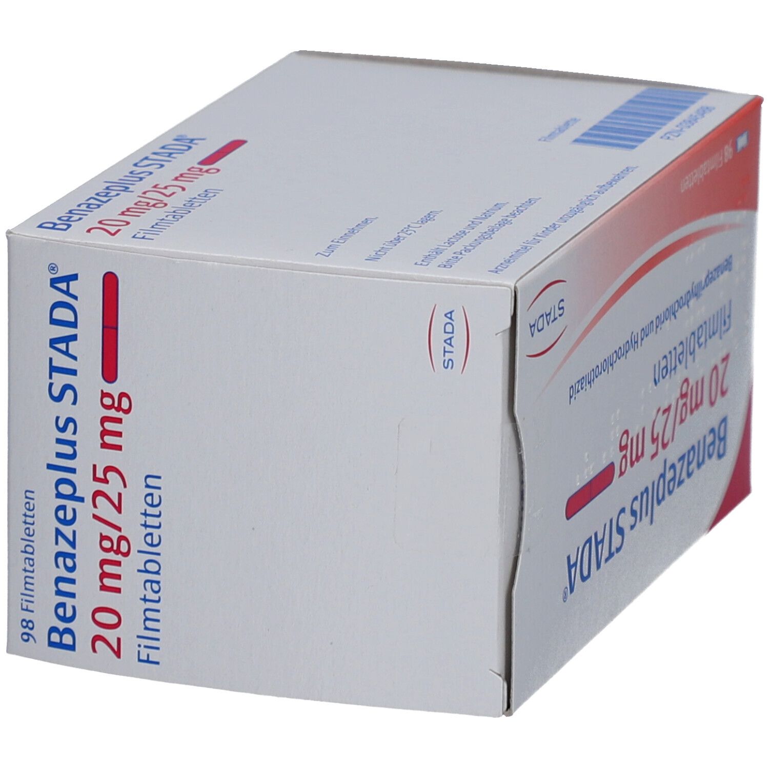 Schachtel BENAZEPLUS STADA® 20 mg/25 mg Filmtabletten. Perspektivische Ansicht mit Produktnamen und Dosierung.