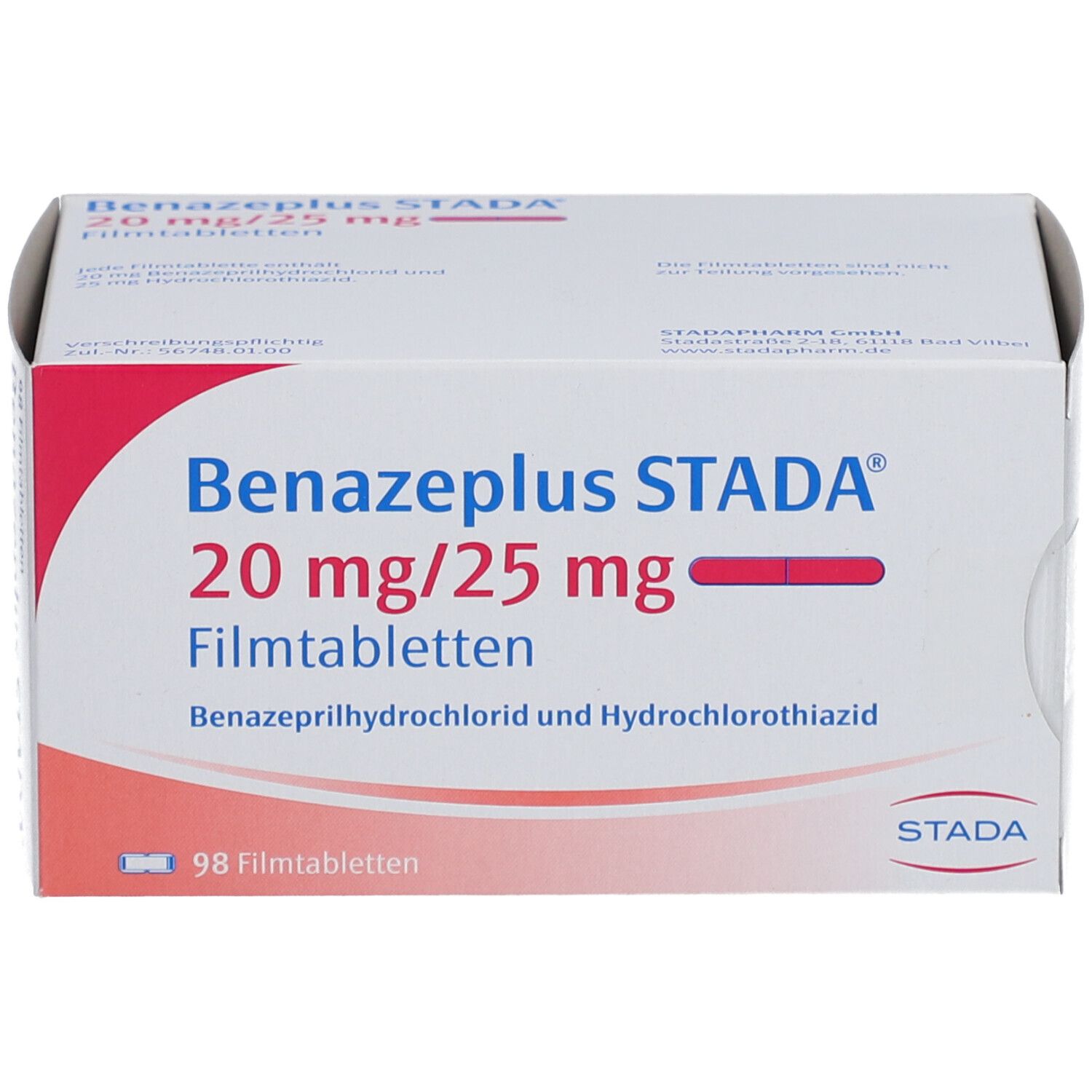 Verpackung BENAZEPLUS STADA® 20 mg/25 mg Filmtabletten. Vorderansicht mit Produktnamen, Dosierung und Inhaltsstoffen.