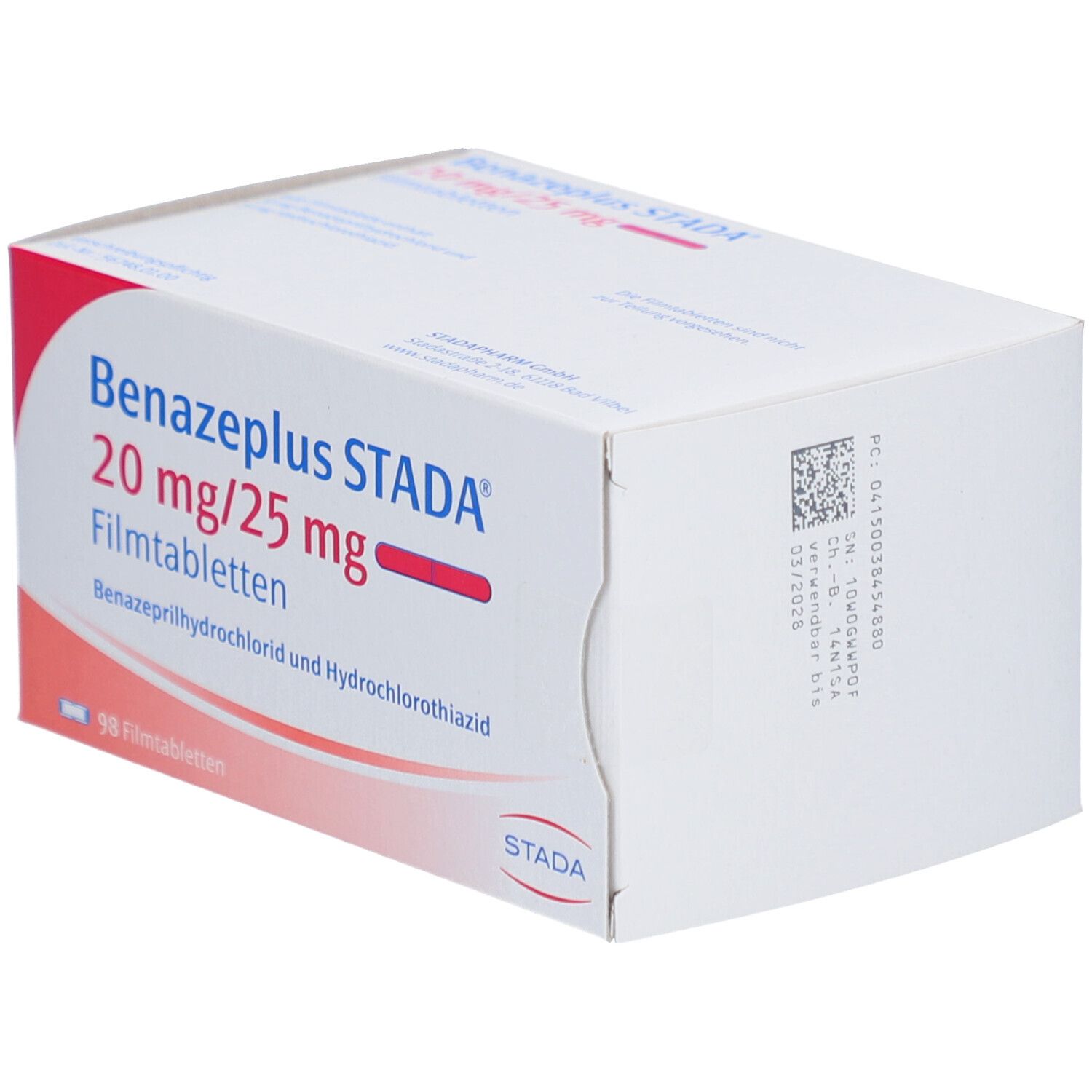 Schachtel BENAZEPLUS STADA® 20 mg/25 mg Filmtabletten. Perspektivische Ansicht mit Produktnamen und QR-Code.