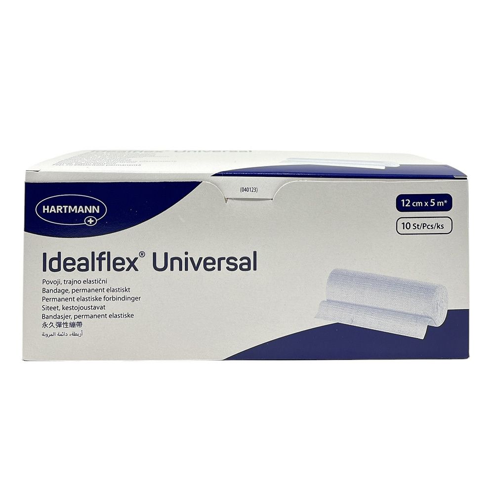 Verpackung von Idealflex Universalbinden. Enthält 10 Stück, 12 cm x 5 m. Marke Hartmann. Zwei Rollen Bandage sichtbar.