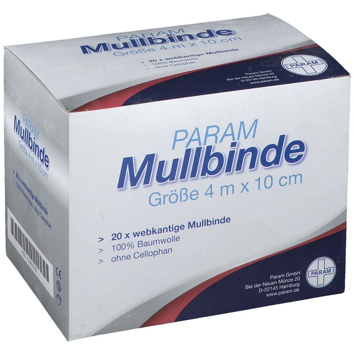 Verpackung von PARAM Mullbinde. Größe 4 m x 10 cm. Enthält 20 Mullbinden aus 100% Baumwolle, ohne Cellophan. Weiß-blaue Box.
