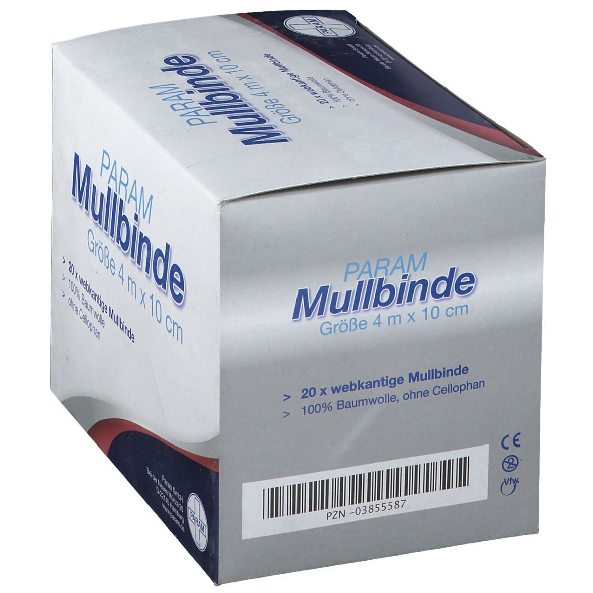 Schräg gestellte Verpackung von PARAM Mullbinde. Größe 4 m x 10 cm. Enthält 20 Mullbinden aus 100% Baumwolle, ohne Cellophan. Weiß-blaue Box.