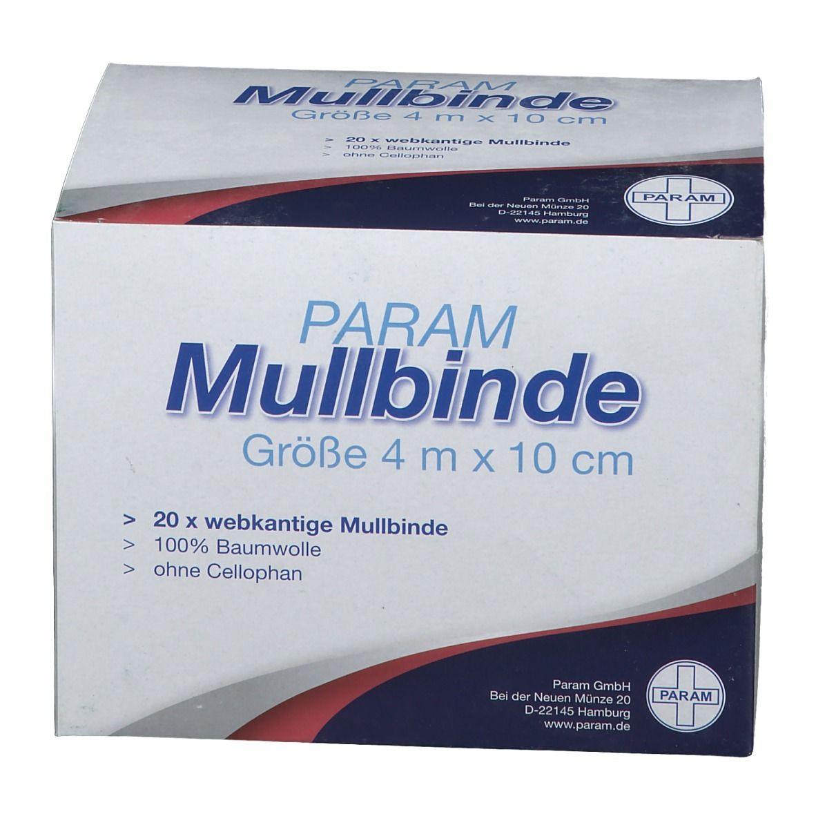 Verpackung von PARAM Mullbinde. Größe 4 m x 10 cm. Enthält 20 Mullbinden aus 100% Baumwolle, ohne Cellophan. Weiß-blaue Box.