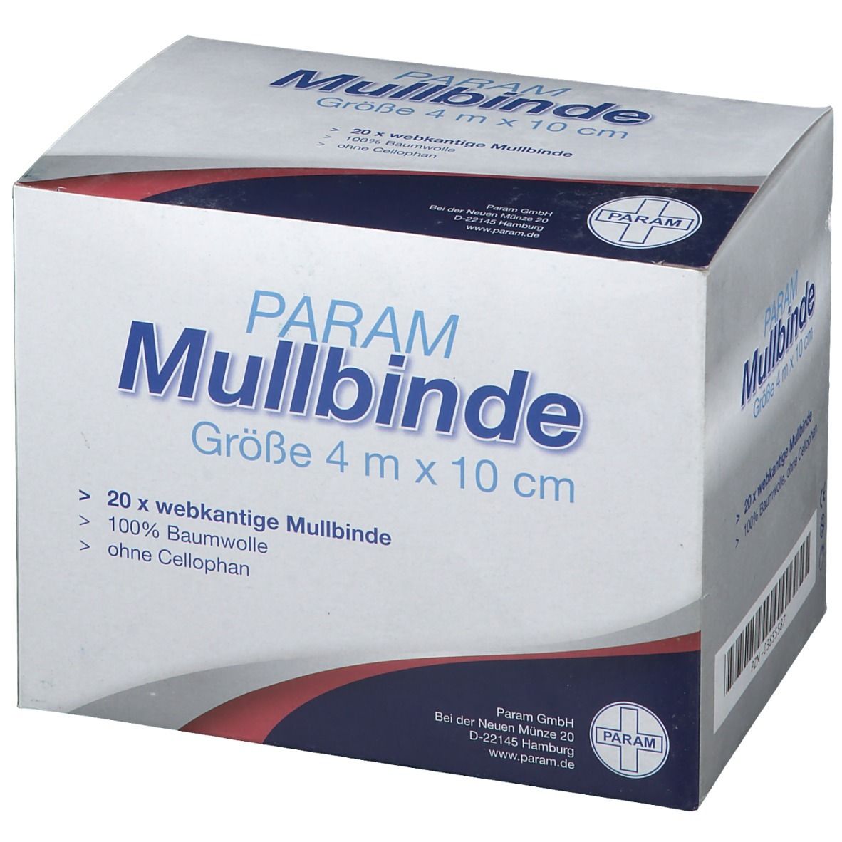 Verpackung von PARAM Mullbinde. Größe 4 m x 10 cm. Enthält 20 Mullbinden aus 100% Baumwolle, ohne Cellophan. Weiß-blaue Box.