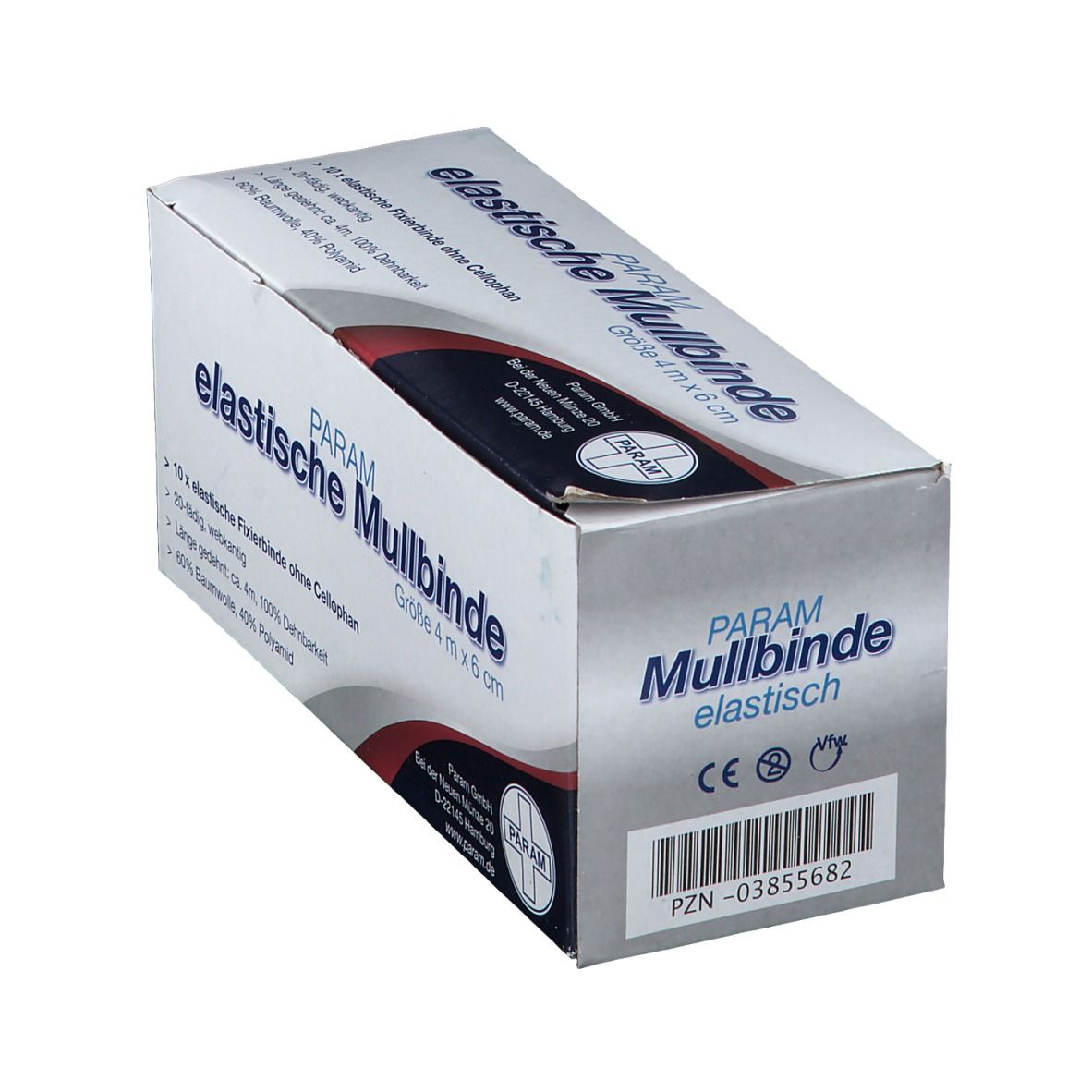 Verpackung von PARAM Mullbinde. Größe 4 m x 6 cm. Text: elastische Mullbinde. Barcode und CE-Kennzeichnung. PZN-03855682.