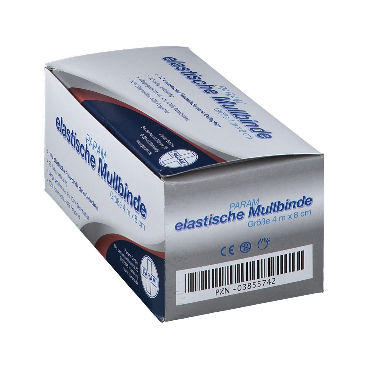 Geöffnete Verpackung von PARAM elastische Mullbinde, Größe 4 m x 8 cm. Zeigt das Produkt im Inneren. Mit CE-Kennzeichnung und PZN-Code.