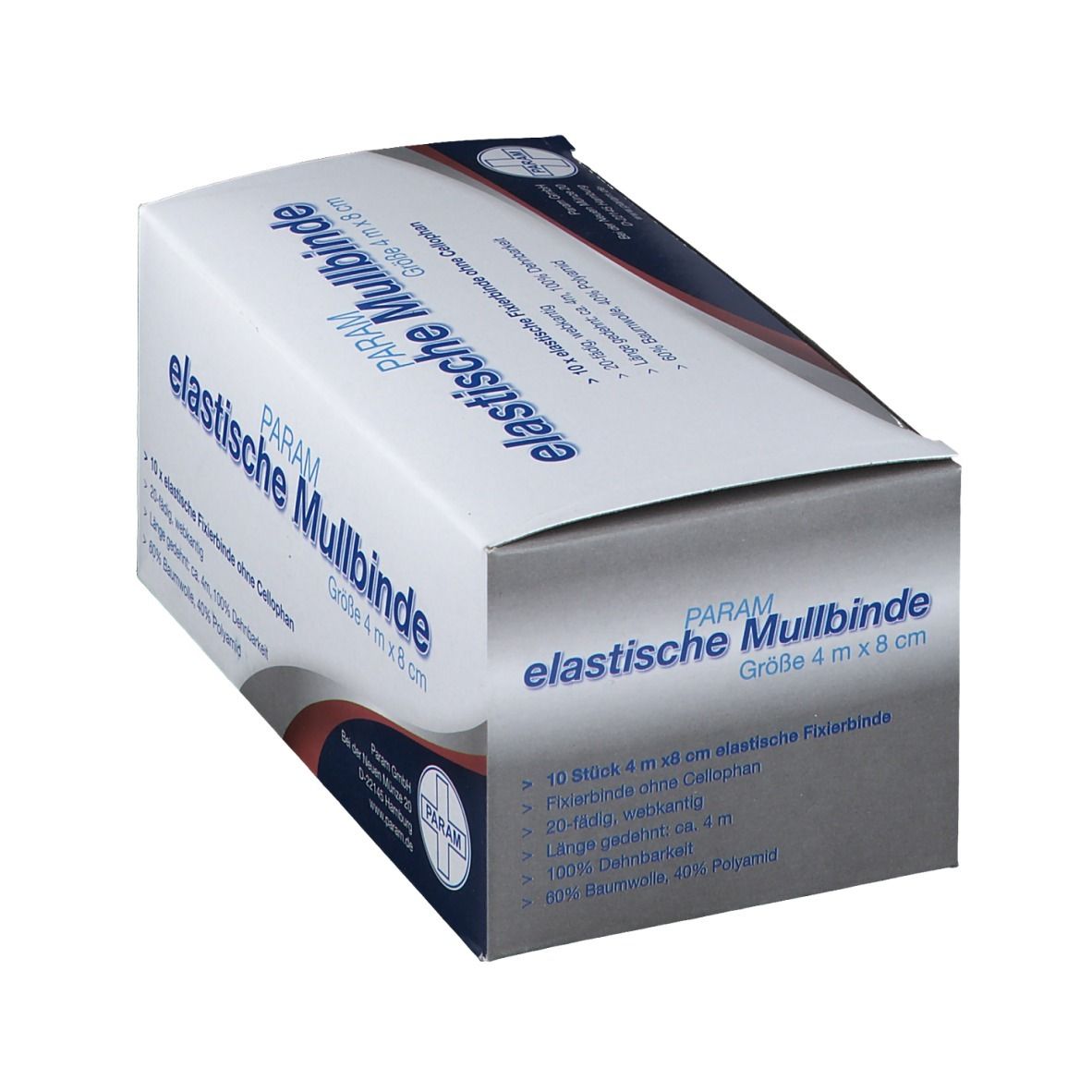 Verpackung von PARAM elastische Mullbinde, Größe 4 m x 8 cm. Enthält 10 elastische Fixierbinden ohne Cellophan. 60% Baumwolle, 40% Polyamid.