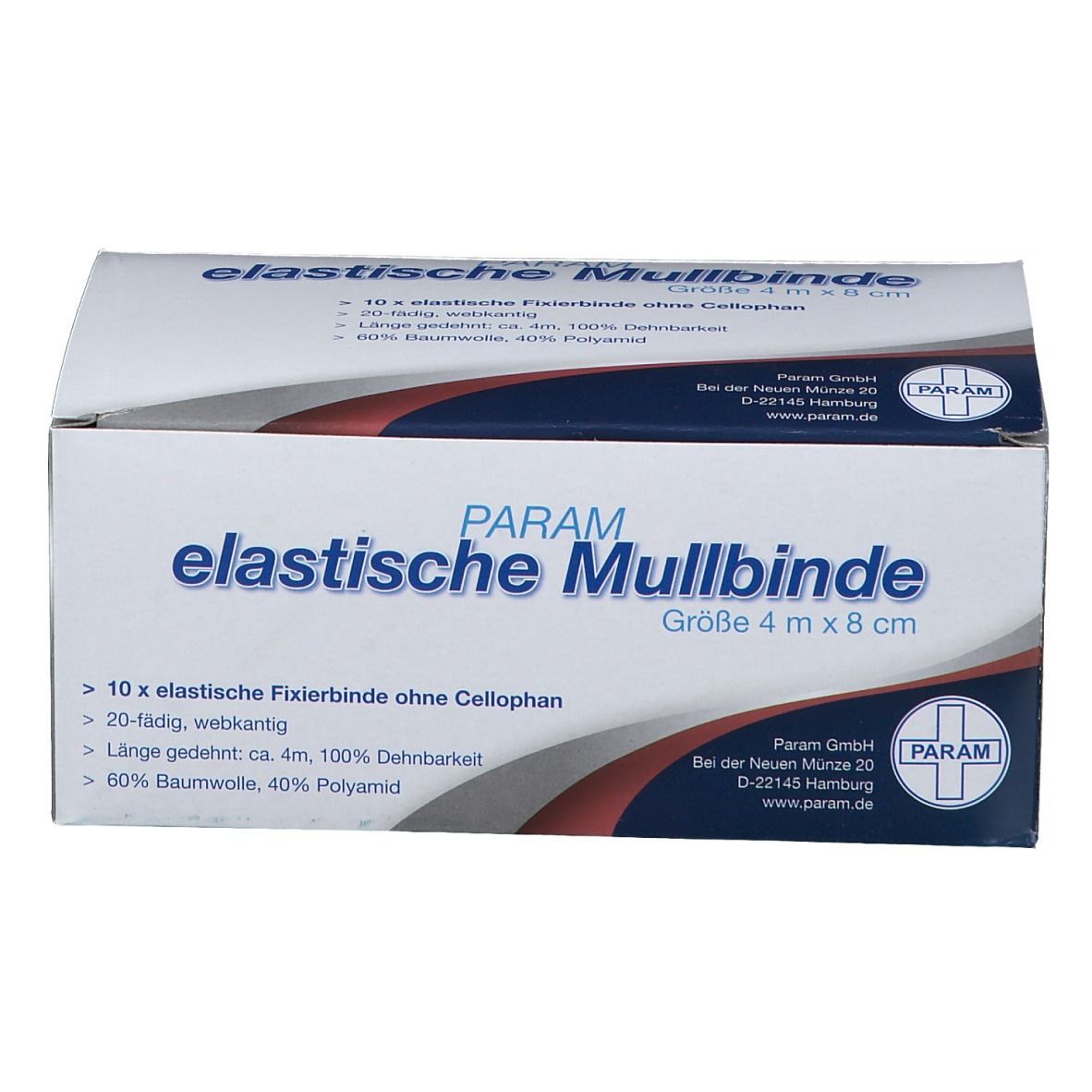Verpackung von PARAM elastische Mullbinde, Größe 4 m x 8 cm. Enthält 10 elastische Fixierbinden ohne Cellophan. 60% Baumwolle, 40% Polyamid.
