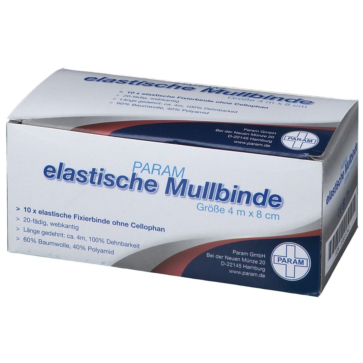 Verpackung von PARAM elastische Mullbinde, Größe 4 m x 8 cm. Enthält 10 elastische Fixierbinden ohne Cellophan. 60% Baumwolle, 40% Polyamid.