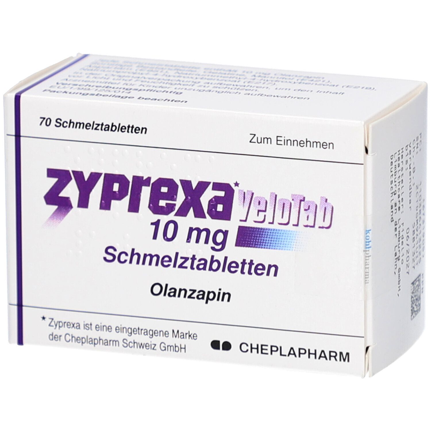 Schachtel mit Zyprexa Velotab 10 mg. Aufschrift: Schmelztabletten, Olanzapin. Marke CHEPLAPHARM.