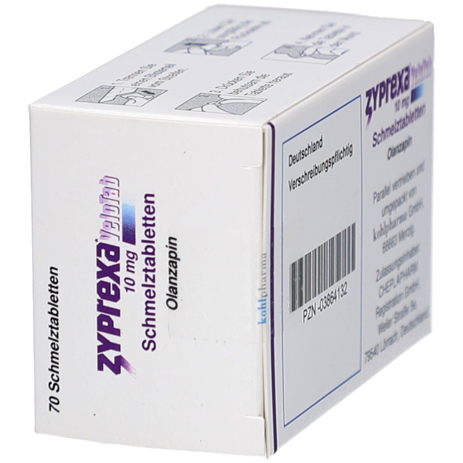 Schachtel mit Zyprexa Velotab 10 mg Schmelztabletten. Aufschrift: Verschreibungspflichtig, Olanzapin. Marke CHEPLAPHARM.