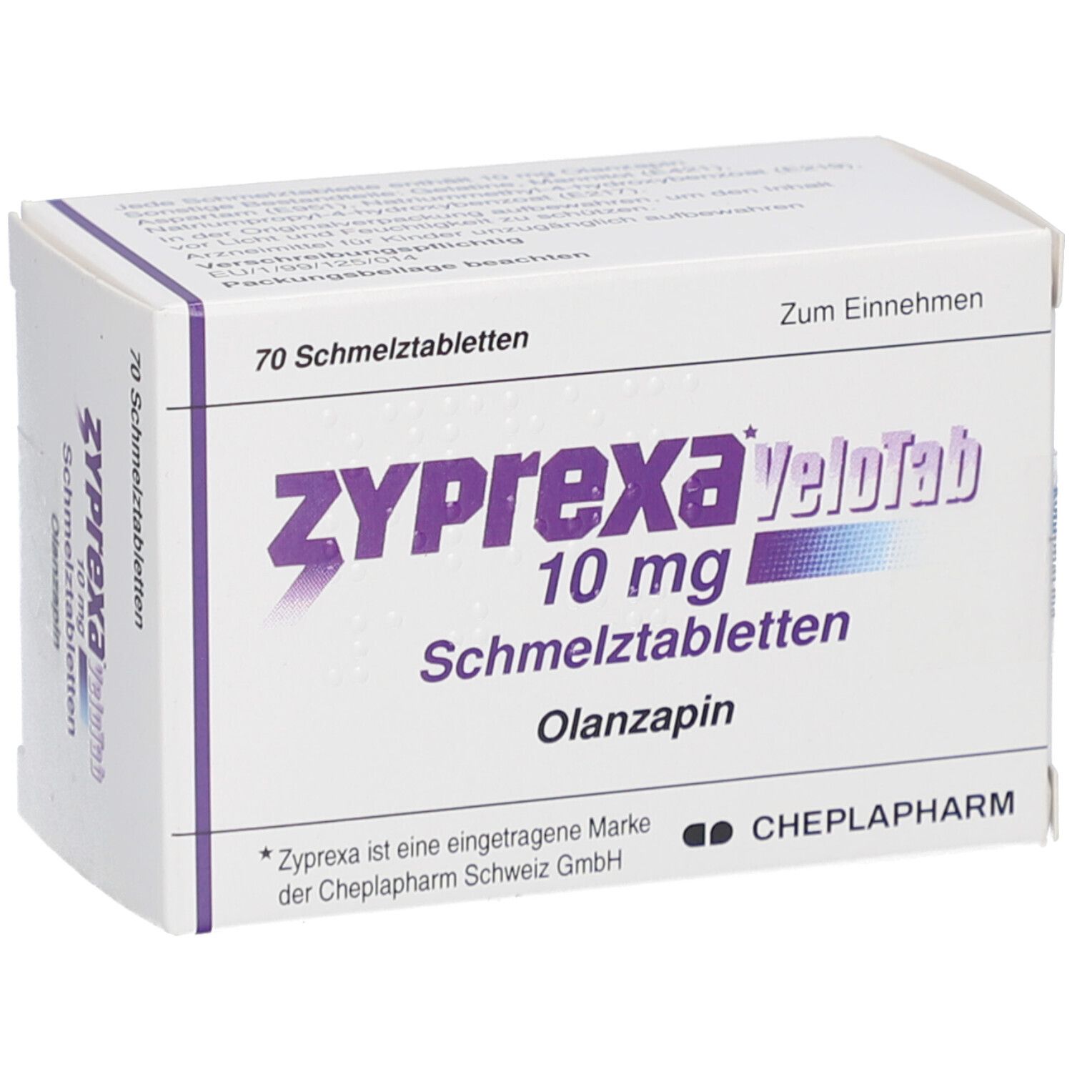 Schachtel mit Zyprexa Velotab 10 mg Schmelztabletten. Aufschrift: 70 Schmelztabletten, Olanzapin. Marke CHEPLAPHARM.