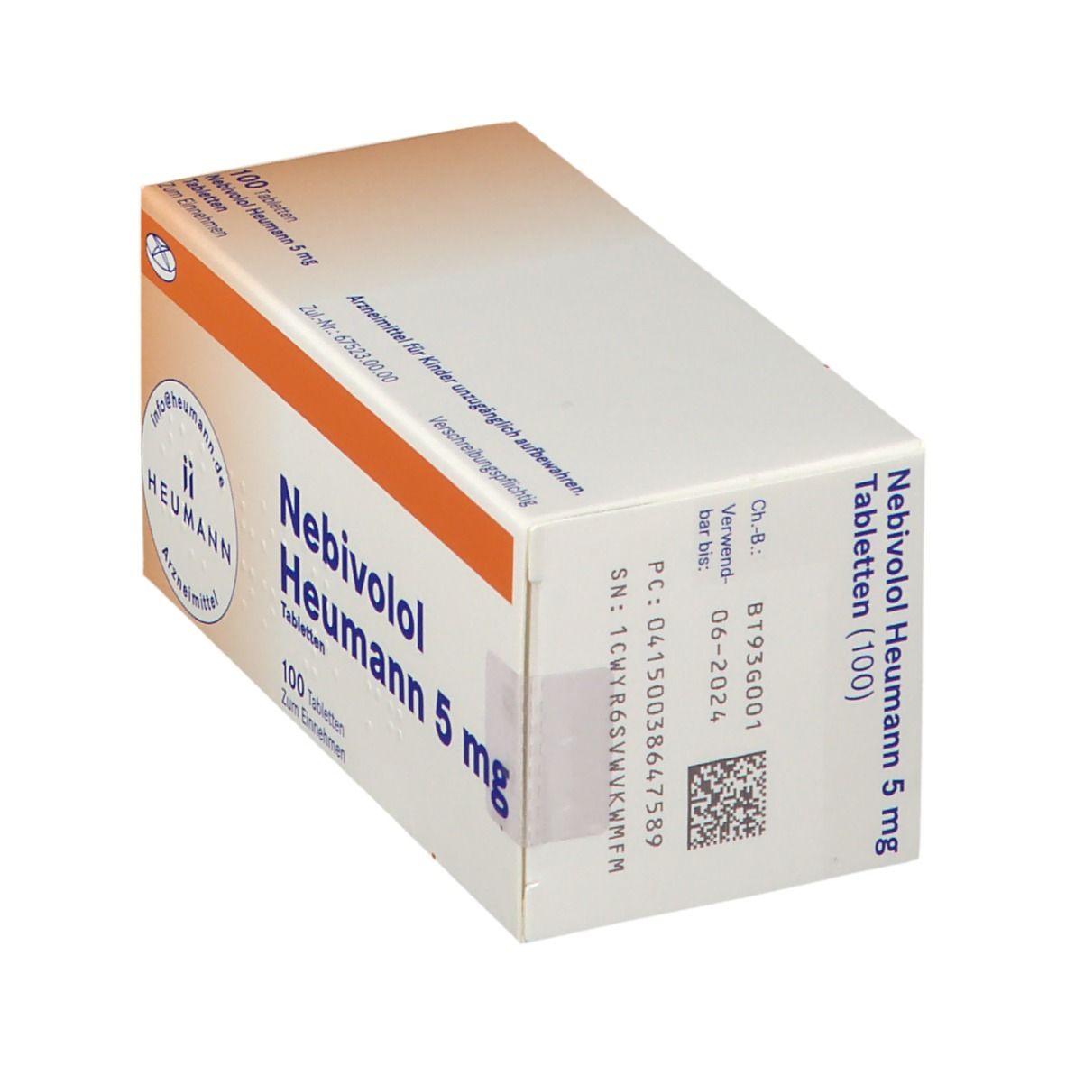 Schachtel Nebivolol Heumann 5 mg Tabletten. Weiße Schachtel mit orangefarbenen Akzenten. Text und Barcode.