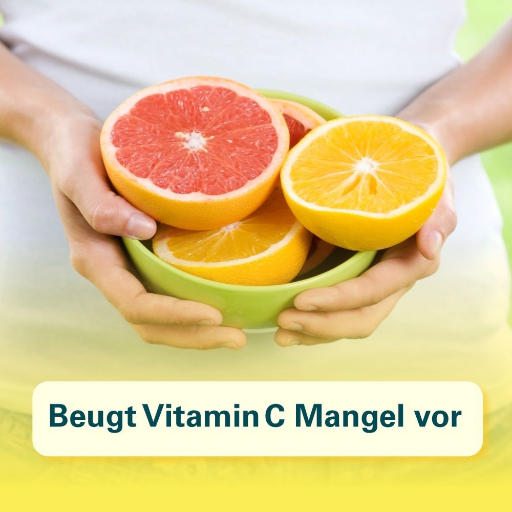 Hände halten eine Schale mit Grapefruits und Orangen.