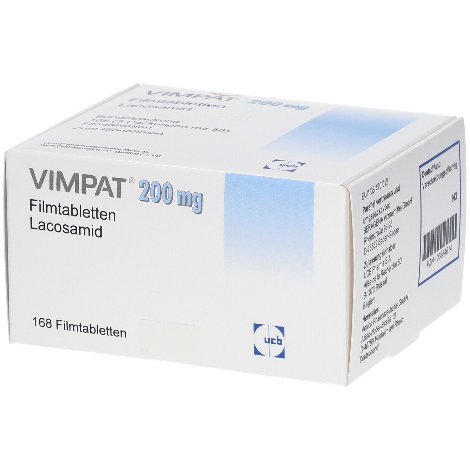 VIMPAT 200 mg Filmtabletten-Packung. Enthält Lacosamid. 168 Tabletten. UCB-Logo.