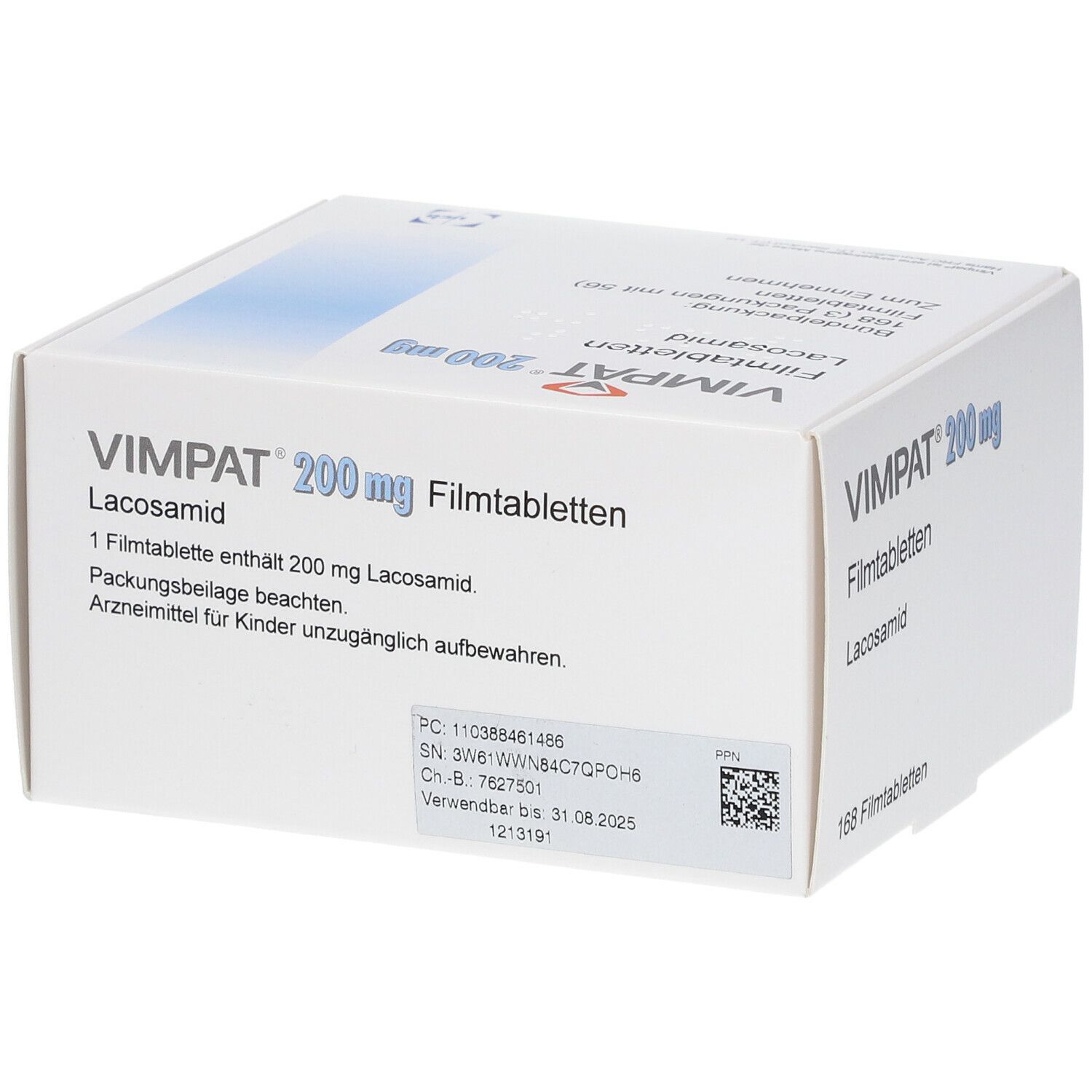 VIMPAT 200 mg Filmtabletten-Packung. Enthält Lacosamid. 168 Tabletten. UCB-Logo.