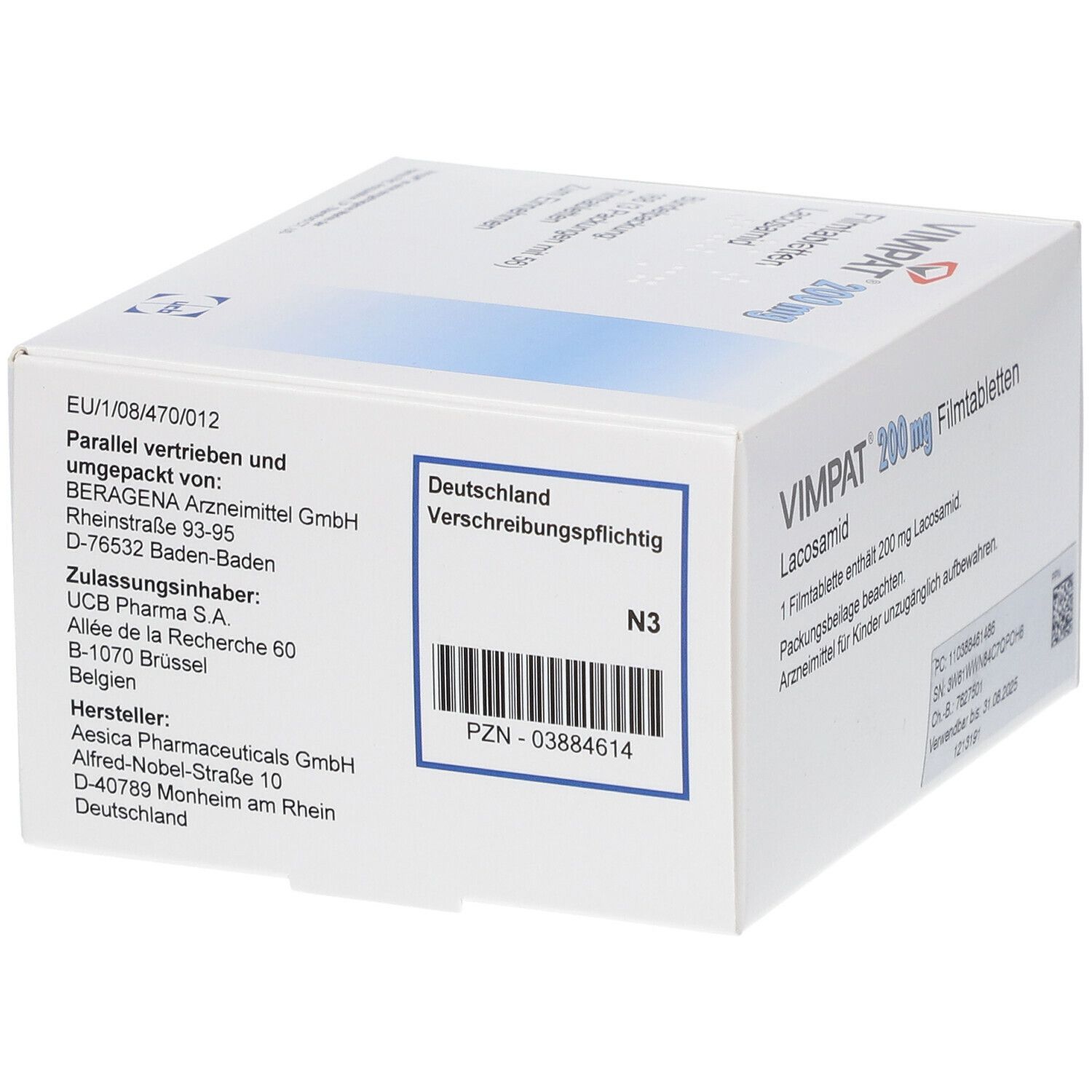VIMPAT 200 mg Filmtabletten-Packung. Enthält Lacosamid. 168 Tabletten. UCB-Logo.