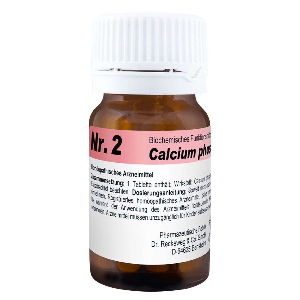Braune Tablettenflasche mit weißem Deckel und rotem Etikett. Auf dem Etikett steht "Nr. 2 Calcium phosphoricum".