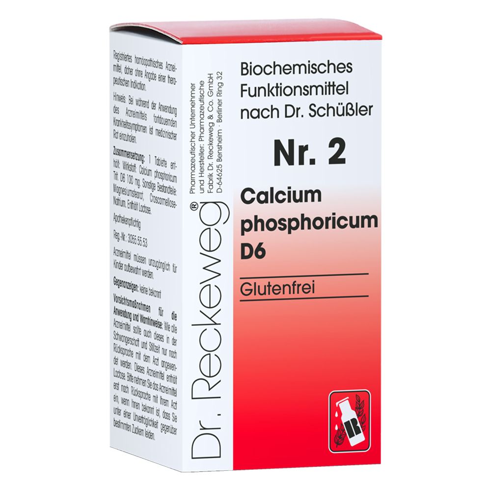 Rote und weiße Schachtel mit Produktinformationen. Auf der Schachtel steht "Nr. 2 Calcium phosphoricum D6 Glutenfrei".