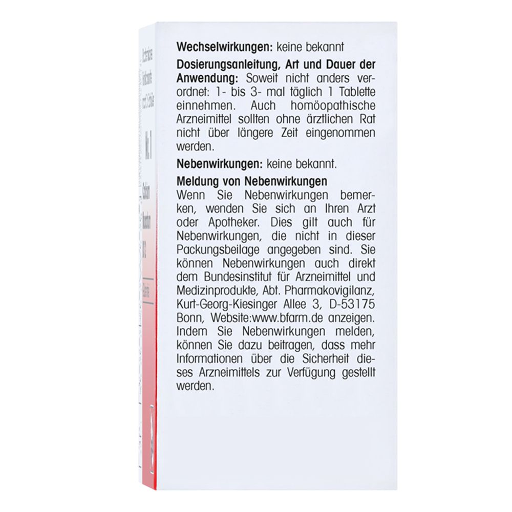 Rückseite der roten und weißen Schachtel mit Text. Enthält Informationen über Wechselwirkungen und Nebenwirkungen.