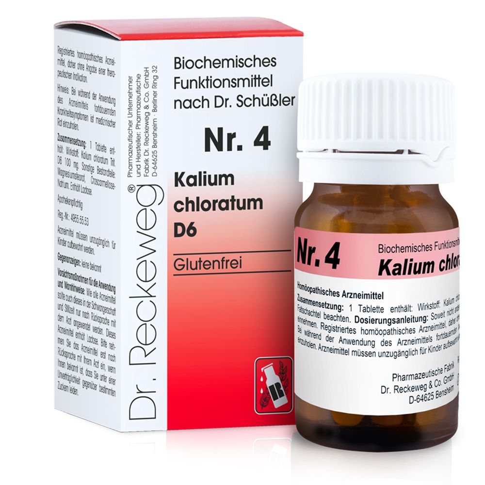 Produktverpackung und Flasche. Aufschrift: Nr. 4 Kalium chloratum D6. Glutenfrei. Marke: Dr. Reckeweg.