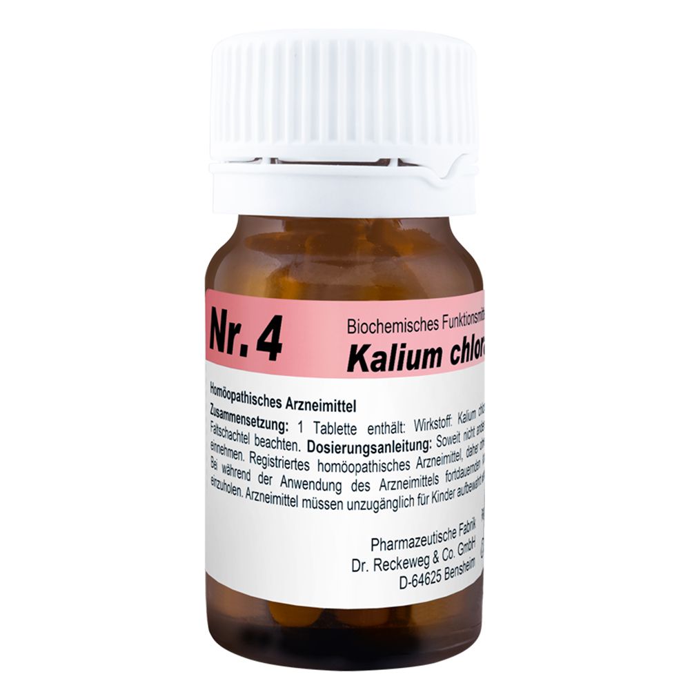 Braune Glasflasche mit weißem Deckel. Aufschrift: Nr. 4 Kalium chloratum. Marke: Dr. Reckeweg.