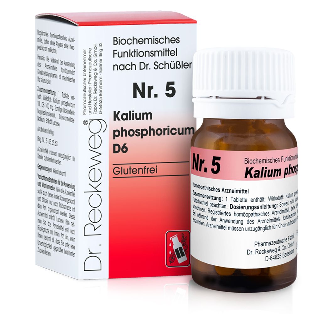 Braune Glasflasche und Schachtel. Aufschrift: Nr. 5 Kalium phosphoricum D6. Glutenfrei. Dr. Reckeweg Logo.