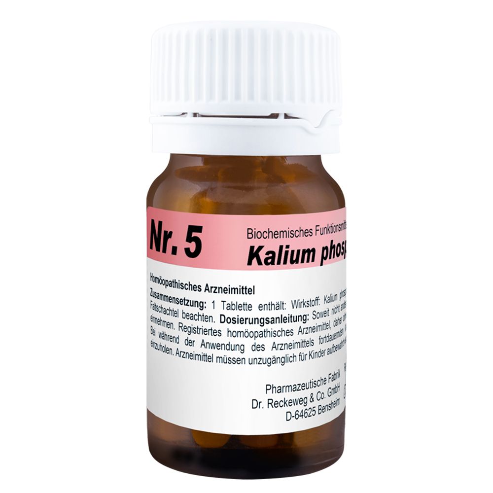 Braune Glasflasche mit weißem Deckel. Aufschrift: Nr. 5 Kalium phosphoricum D6. Homöopathisches Arzneimittel.