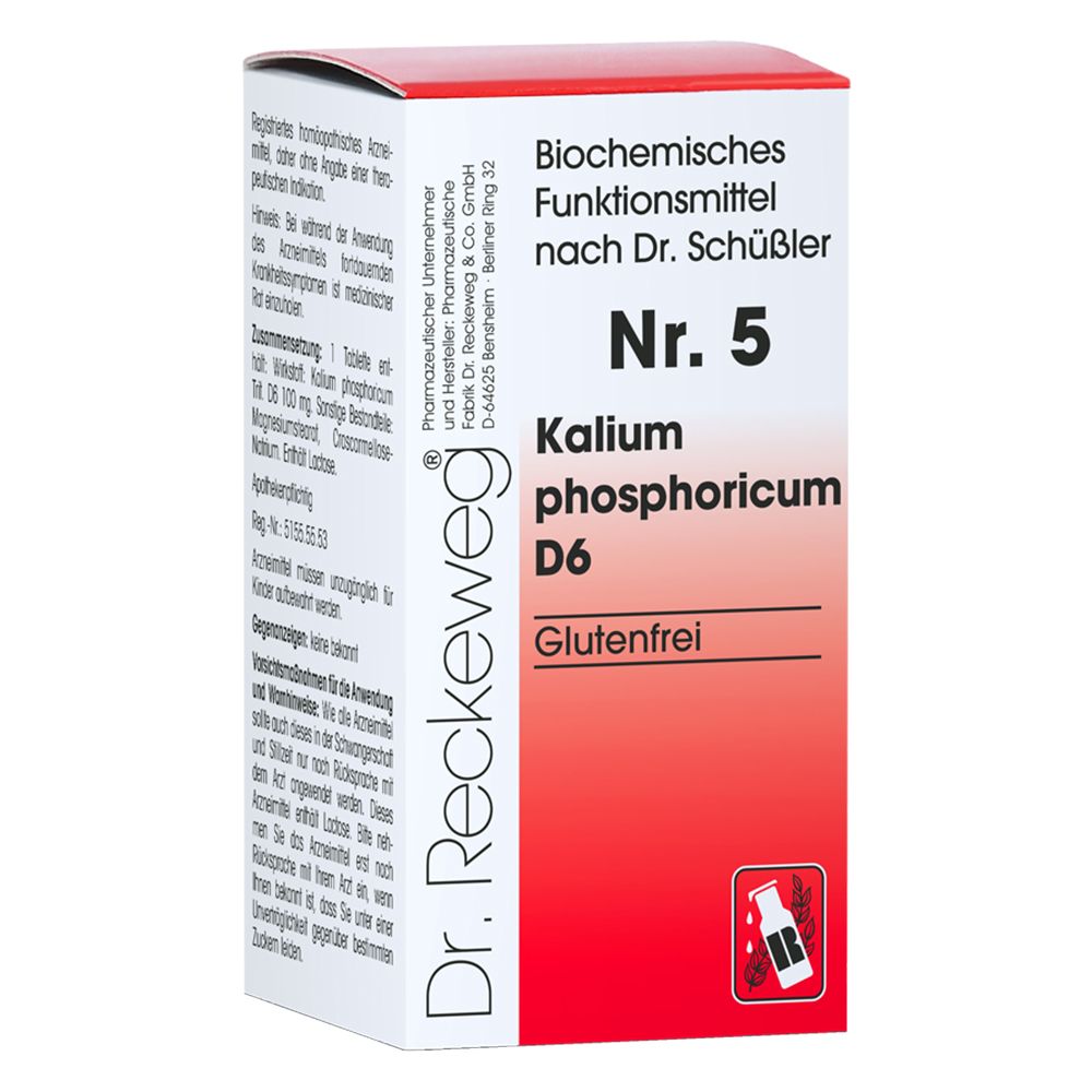 Schachtel mit rotem und weißem Design. Aufschrift: Nr. 5 Kalium phosphoricum D6. Glutenfrei. Dr. Reckeweg Logo.