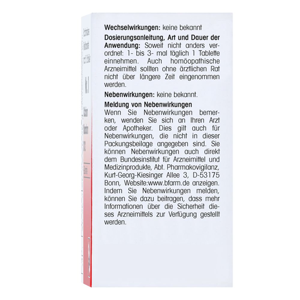 Rückseite der Schachtel. Text über Wechselwirkungen und Nebenwirkungen. Marke: Dr. Reckeweg.