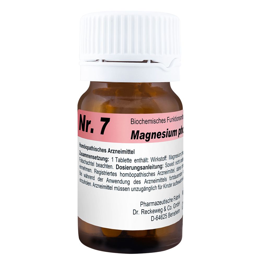 Braune Tablettenflasche mit weißem Deckel. Aufschrift: Nr. 7 Magnesium phosphoricum. Etikett mit Informationen.